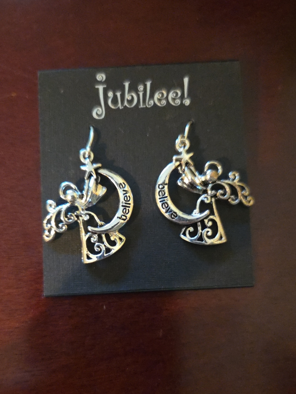 Silver 'Believe' Angel & Moon Dangle Earrings